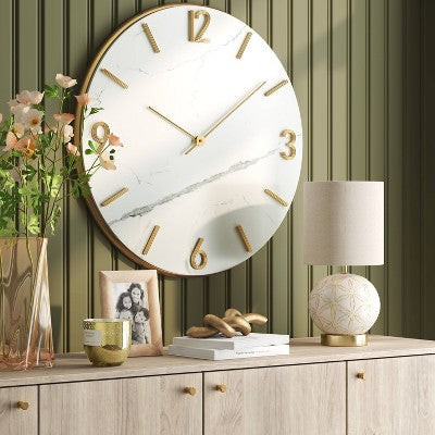 26" Faux Marble Finished in Polished Brass Wall Clock White - Threshold: Elegant Timepiece for Indoor Use (LOCAL PICKUP ONLY)