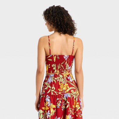 Women's Luxe Linen Corset Top - A New Day Red Floral M