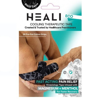 Heali Eco Cooling Therapeutic Tape - Kinesiology Tape Infused with Magnesium & Menthol -Black Camo - 20 Strips