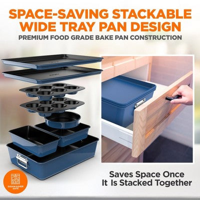 NutriChef 8-Piece Stackable Bakeware Set - Non-Stick Carbon Steel Baking Trays and Pans