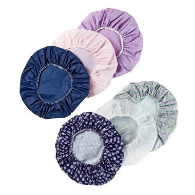 Conair Standard Size Elastic Edge Value Pack Shower Cap Set includes both solid and prints - 6pk
