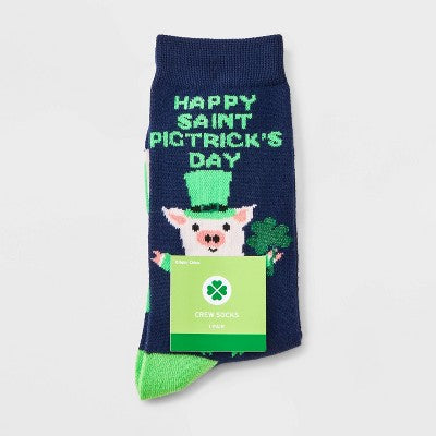 Women's 'Happy St. Pigtrick's Day' St Patrick's Day Crew Socks - Navy/Green 4-10: Recycled Polyester, Animal Icon Pattern