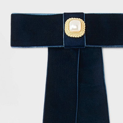 Velvet Bow with Pearl Center Hair Barrette - A New Day Navy Blue