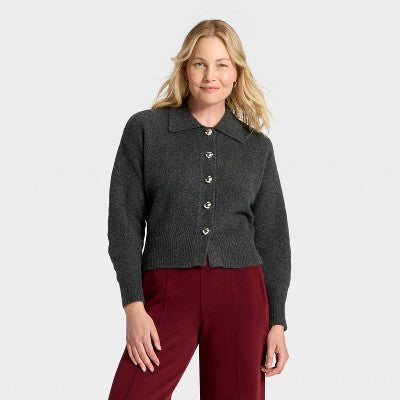 Women's Long Sleeve  Cardigan Sweater - A New Day Charcoal Gray M