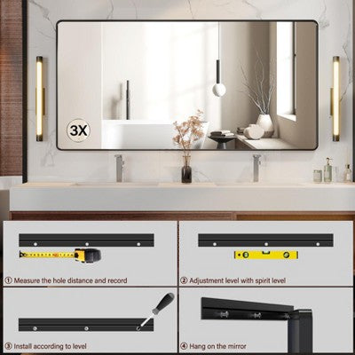 72" x 36" Black Metal Framed Bathroom Mirror Rounded Rectangle Vanity Mirror with 3X Magnifying Glass for Over Sink (Hangs Horizontally/Vertically (LOCAL PICKUP ONLY)