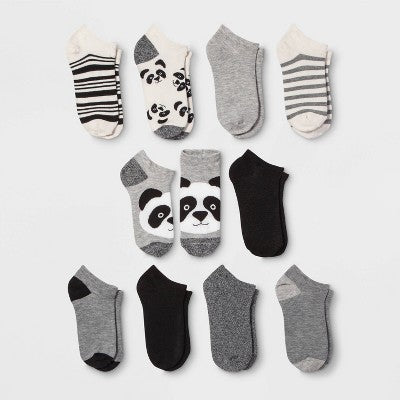 Women's Panda 10pk Low Cut Socks - Xhilaration Black/White/Gray 4-10