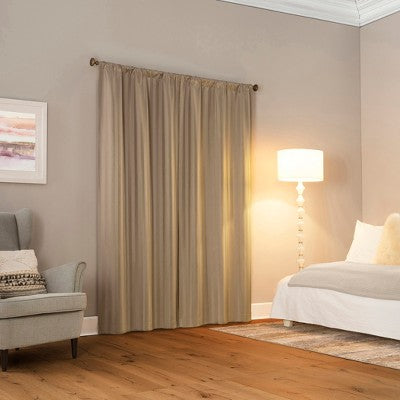 2pc 37"x84" Sun Zero Dimani Satin Striped 100% Blackout Rod Pocket Curtain Panel Pair Taupe: Energy Efficient, Noise Reduction