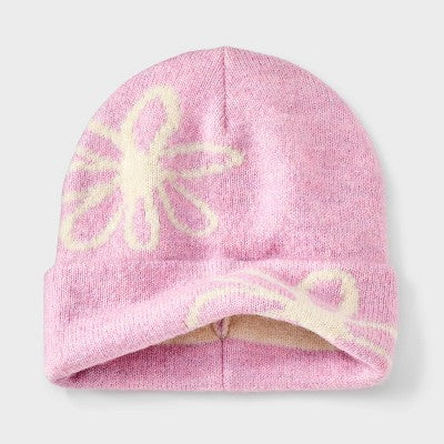 Girls' Knitted Floral Beanie Hat - Cat & Jack Purple/White