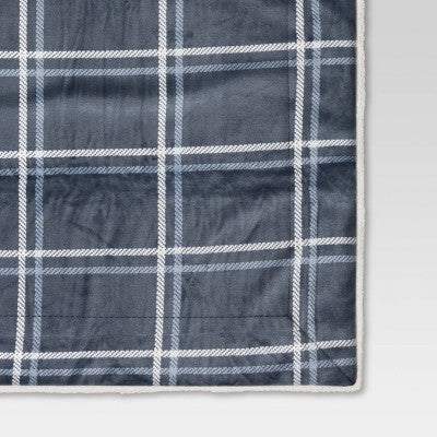 Grid Printed Plush Throw with Faux Shearling Reverse Blue/Light Blue/Ivory - Threshold