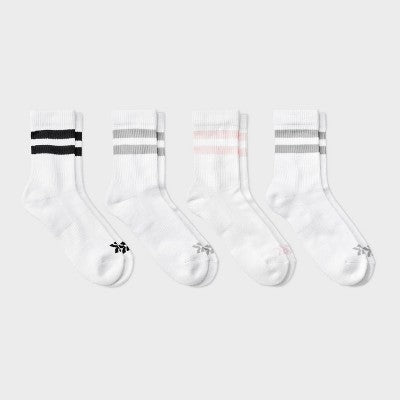 Women's Cushioned Striped Varsity 4pk Short Crew Socks - All In Motion White/Gray/Pink 4-10: Arch Support, Zone Cushioning