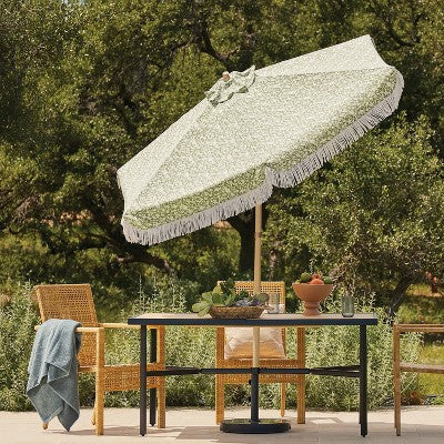 7.5' Floral Fringe Edge Outdoor Round Patio Market Umbrella Sage Green with Faux Wood Pole - Threshold (LOCAL PICKUP ONLY)