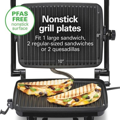 Hamilton Beach Panini 25460Z: Nonstick Grill & Sandwich Maker, 1400W, Silver, Hand Wash, Metal, 1-Year Warranty