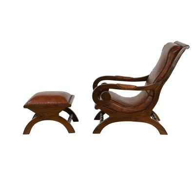 Traditional Teak Wood Accent Chair with Arms and Ottoman Brown - Olivia & May: Leather Upholstered, No Assembly Required (LOCAL PICKUP ONLY)