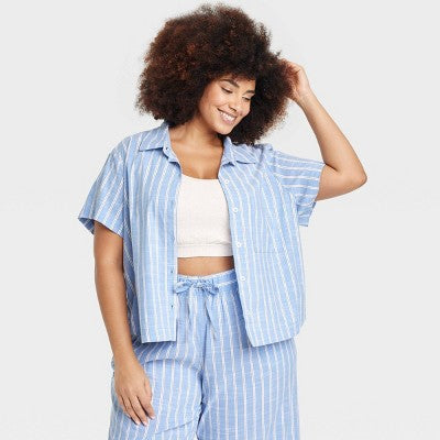 Women's Striped Cotton Blend Pajama Shirt - Auden Light Blue 1X