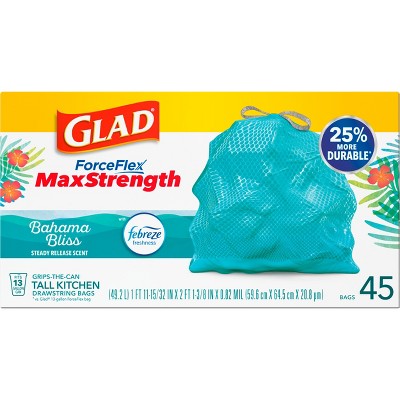 Glad ForceFlex MaxStrength Bahama Bliss Drawstring Trash Bags - Febreze Freshness - 13gal - 45ct