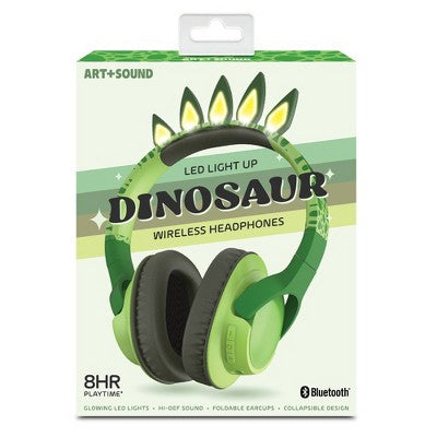 ART + SOUND LED Light Up Wireless Headphones - Dinosaur: Over-Ear, Built-In Mic, Foldable
