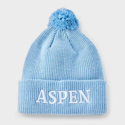 Embroidered Pom Beanie - Wild Fable Blue: Knit Ribbed Cuff, Midweight, Pull-On Style