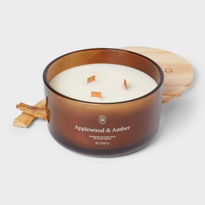 3-Wick Amber Glass Wooden Wick Applewood and Amber Jar Candle 20oz - Threshold