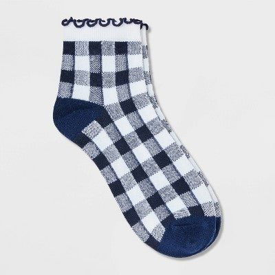 Women's Gingham Lettuce Edge Ankle Socks - Navy/White 4-10