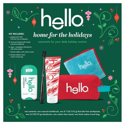 hello Holiday Home for the Holidays Fluoride-Free Toothpaste and Aluminum Free Deodorant Travel Toiletry Bag Kit - 5pc