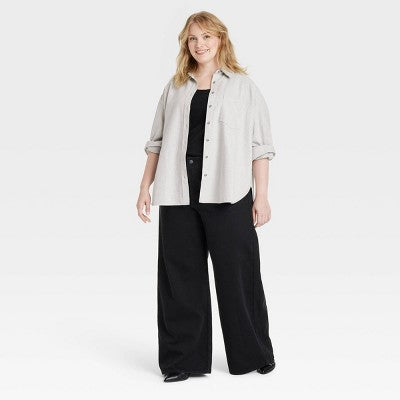 Women's Oversized Flannel Collared Button-Down Shirt - Gray 2X