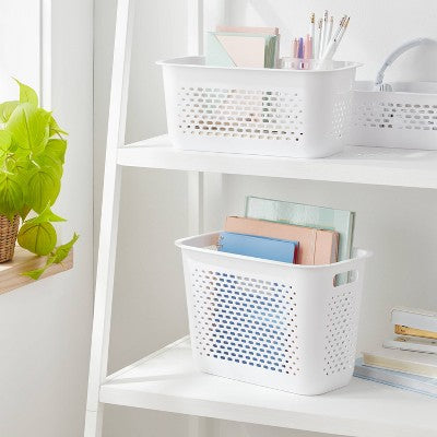 Narrow Large Decorative Plastic Bin White - Brightroom: Modern Storage with Cut-Out Handles, 13" Cube Compatible