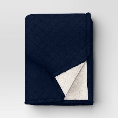 Quilted Jersey Throw Blanket with Faux Shearling Reverse Heathered Navy - Room Essentials