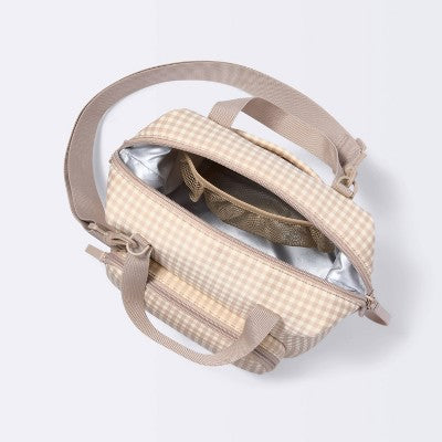 Insulated Bottle Cooler Shoulder Diaper Bag - Tan Gingham Plaid - Cloud Island