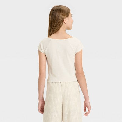 Girls' Short Sleeve V-Neck Ribbed T-Shirt - art class Cream L