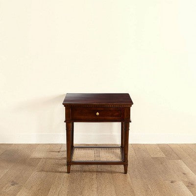Storied Home Maxwelton Solid Wood End Accent Table Dark Chestnut/Natural: Traditional Style, Cane Shelf, Hidden Compartment (LOCAL PICKUP ONLY)
