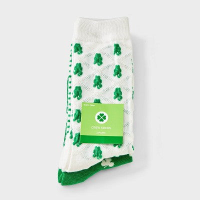 Women's Textured Shamrocks St. Patrick's Day 3pk Crews Socks - Ivory/Green 4-10