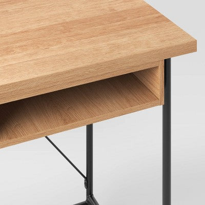 Wood and Metal Writing Desk with Storage Natural Laminate - Room Essentials: Sturdy Home Office Furniture with Open Shelf (LOCAL PICKUP ONLY)