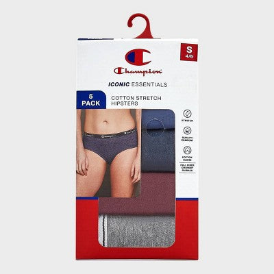 Champion Women's 5pk Cotton Stretch Iconic Essentials Hipster Underwear - L