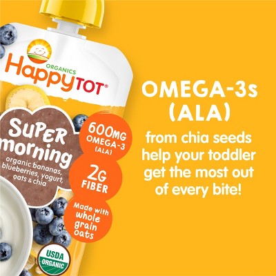 Happy Tot Super Morning Organic Bananas, Blueberries Yogurt, Oats & Chia Toddler Pouch - 4oz: 24 Months+, Pureed Meal
