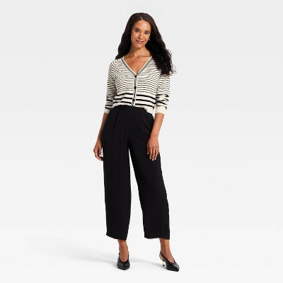 Women's Long Sleeve V-Neck Cardigan - A New Day Cream Striped S