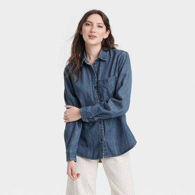 Women's Relaxed Fit Denim Button-Down Shirt L