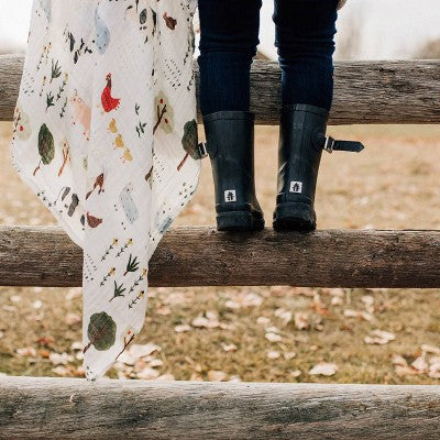 Red Rover Organic Cotton Muslin Swaddle Blanket - Family Farm - 2pk: Animal Prints, 44" x 44"