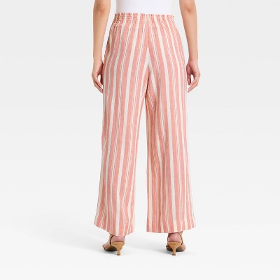 Women's Linen Wide Leg Pull-On Pants - Red/White Striped M