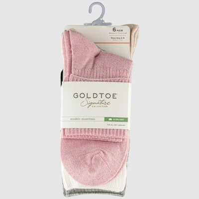 Goldtoe Signature Collection Women's 6pk Modern Essentials Classic Turn Cuff Crew Socks - Vintage Rose/Off White/Gray Heather 6-9