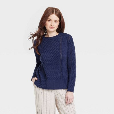 Women's Crew Neck Tunic Pullover Sweater - A New Day Navy XS