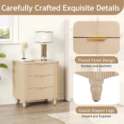 ModernLuxe Fluted 3 Drawers Nightstand Bedside Table End Table, Mid-Century Side Table with Gold Glossy Handles & Gourd Legs, Champagne (LOCAL PICKUP ONLY)