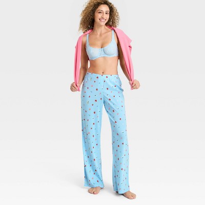 Women's Knit Wide Leg Pajama Pants Blue Strawberry Printed XS