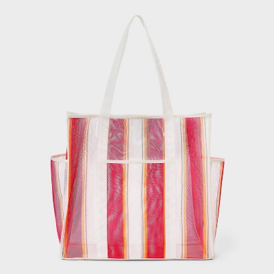 Mesh Packable Tote Handbag - Shade & Shore Pink Stripe: Unstructured Multi-Stripe Beach Bag