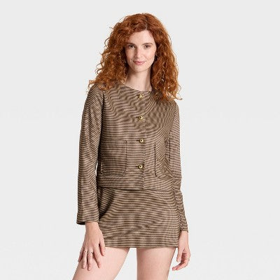Women's Woven Lady Jacket - A New Day Brown Plaid XS