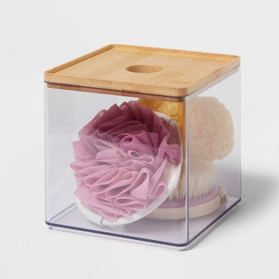 Clear Canister Large with Bamboo Lid - Brightroom: Bathroom Container with Lid, Qtip Holder, 6"x6"x6" Plastic