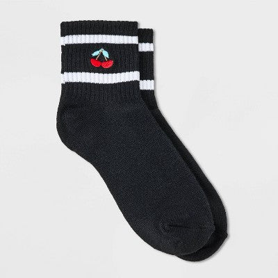 Women's Embroidered Cherries Ribbed Ankle Socks - Black 4-10