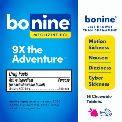 Bonine Non-Drowsy Nausea Relief - Meclizine HCI 25mg Chewable Tablets - Raspberry - 16ct