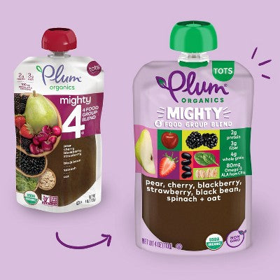 Plum Organics Mighty 4 Blends Pear Cherry Blackberry Strawberry Black Bean Spinach & Oat Baby Snacks - 4oz