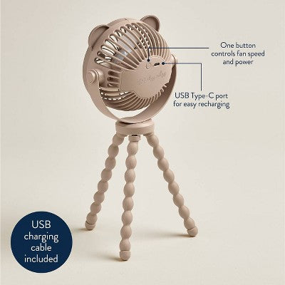 Itzy Ritzy Itzy Breeze 3-Speed Stroller Fan with Rechargeable Battery and Easy Attach Design - Tan Bear