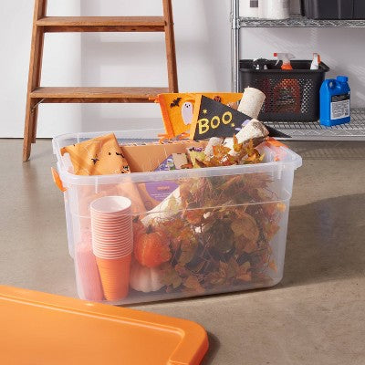 66qt Halloween Clear Latching Storage Box Orange Lid and Latch - Brightroom (LOCAL PICKUP ONLY)